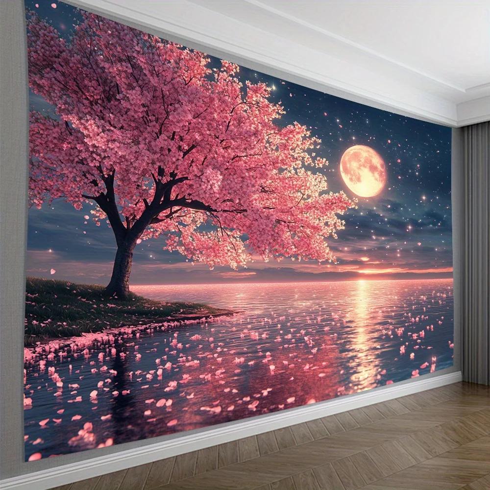 Spring Sakura Vibrant Pink Tapestry Cherry Blossom Tree Design Garden Wall Aesthetic Wall Decor Boho Home Decoration for Bedroom