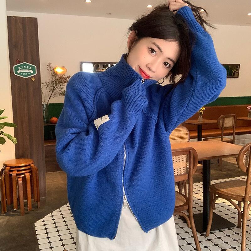 Blue Sweater Jacket Fall and Winter Thickened Zipper Design Sense Long-sleeved Knitted Cardigan Tops Female Comfortable Versatile Fashionable