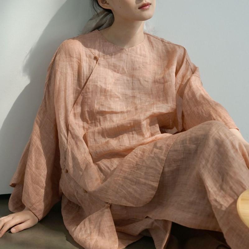 Johnature Women Vintage Shirts Tops V-Neck Seven Sleeve Blouses Loose Summer Solid Color Button Shirts