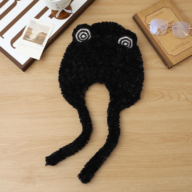 Winter Hat Women's Plush Cute Frog Ears Versatile Lace-up Wool Hat Warm Plush Thickened Headhat