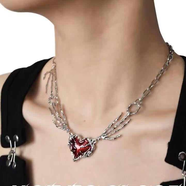 Gothic Red Crystal Butterfly Pendant Sliver Ghost Claw Short Choker Chain Necklace for Women Punk Y2K Charms Jewelry Accessories
