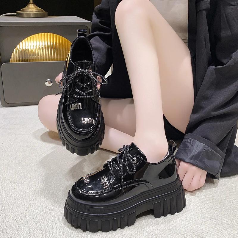 fashion British Style Chunky Platform Pumps Women 2024 Spring Autumn Lace Up Thick Heels Loafers Woman Round Toe Patent Leather Shoes