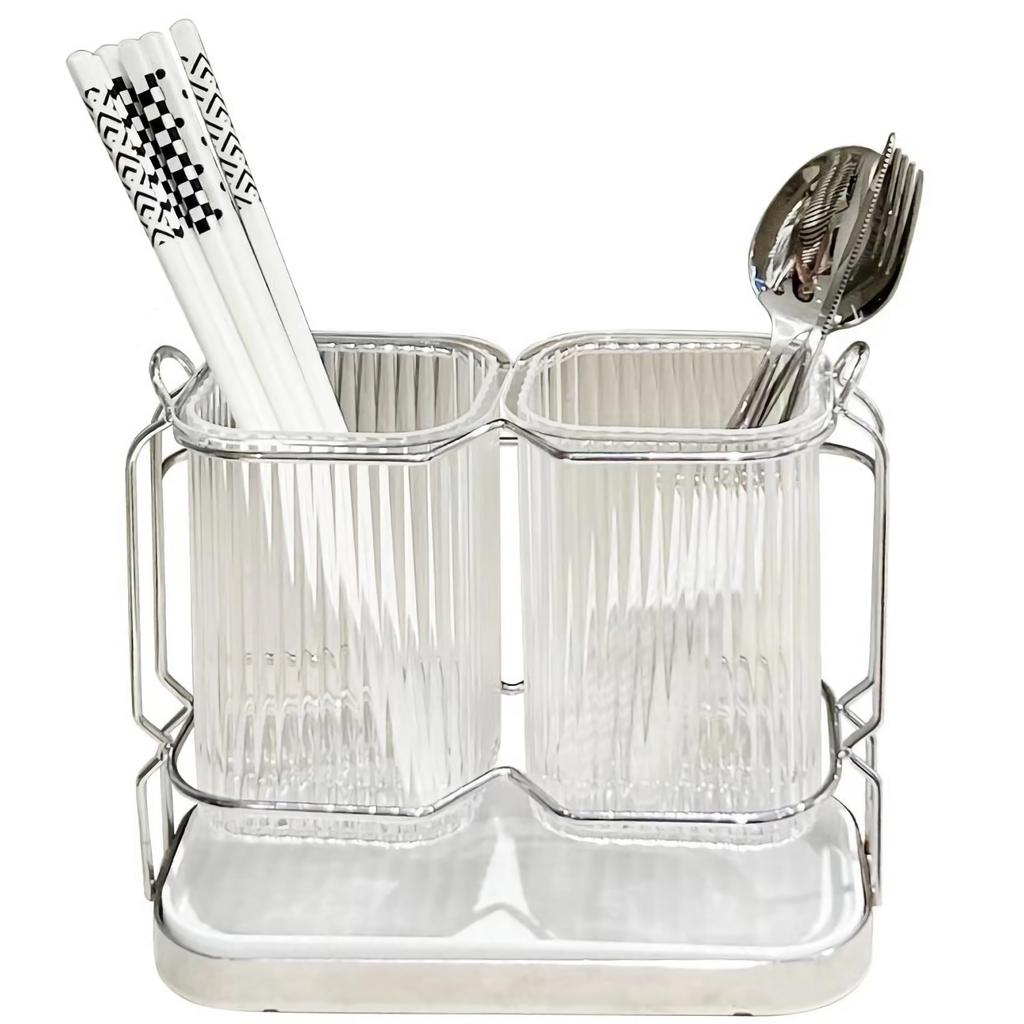 Rowaica Cutlery Chopstick Stylish Tool Holder for Spoons x Stand, Drainer, Holder, Kitchen, Tabletop, Chopsticks, Forks, (Clear Silver)