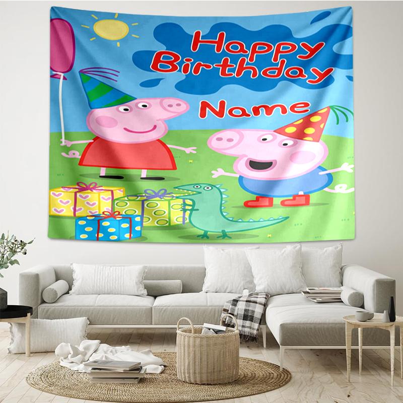 Custom Name Peppa Pig Print Tapestry, Backdrop, Easy Setup, Ideal for Bedroom, Office & Living Room, with Aesthetic Wall Hanging Decor.