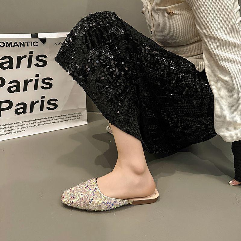 Woman Mules Slippers Sequins Flat Shoes for Women Waterproof on Promotion 39 H Sandal Summer Slides Footwear Korea Style Sandals