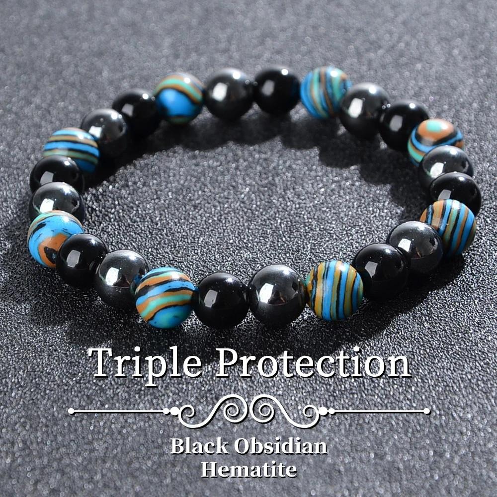 

Triple Protection Bracelet Blue Malachite Black Bile Obsidian Beaded Bracelet Handmade Stretch Beaded Bracelet