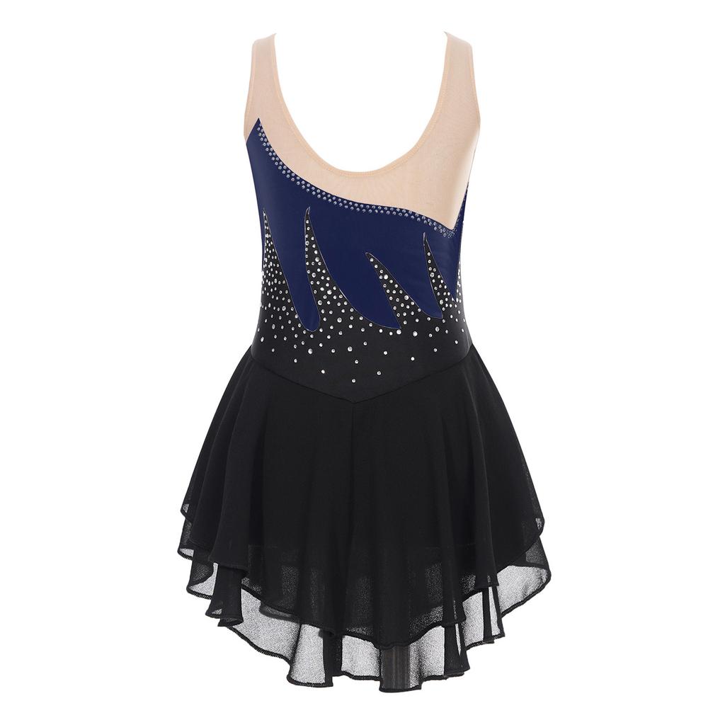 Girls Color Block Sheer Mesh Patchwork Dress Sleeveless Shiny Rhinestone Design Figure Skating Performance Gown