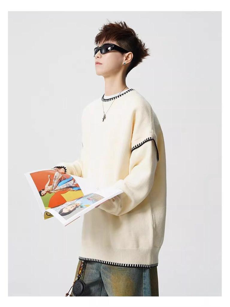 Men's Trendy Hand-Stitched High-End Knit Sweater with Contrasting Colors - Versatile and Stylish Base Layer