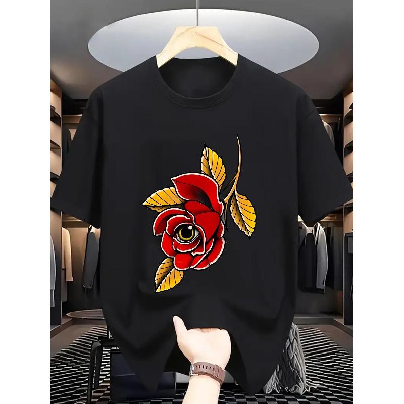 Men'S Summer Fashion Short Sleeve T-Shirt, Casual Crew Neck Polyester Tee with Red Rose Print, Slight Stretch Knit Fabric, Regular Fit