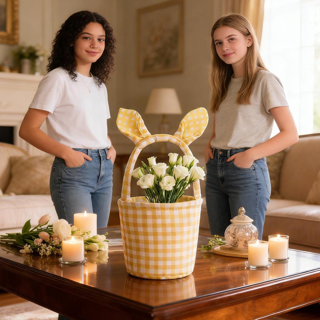 Easter Decorations, Cute Bunny Ear Plaid Baskets, Easter Eggs, Gift Storage Tote Bags