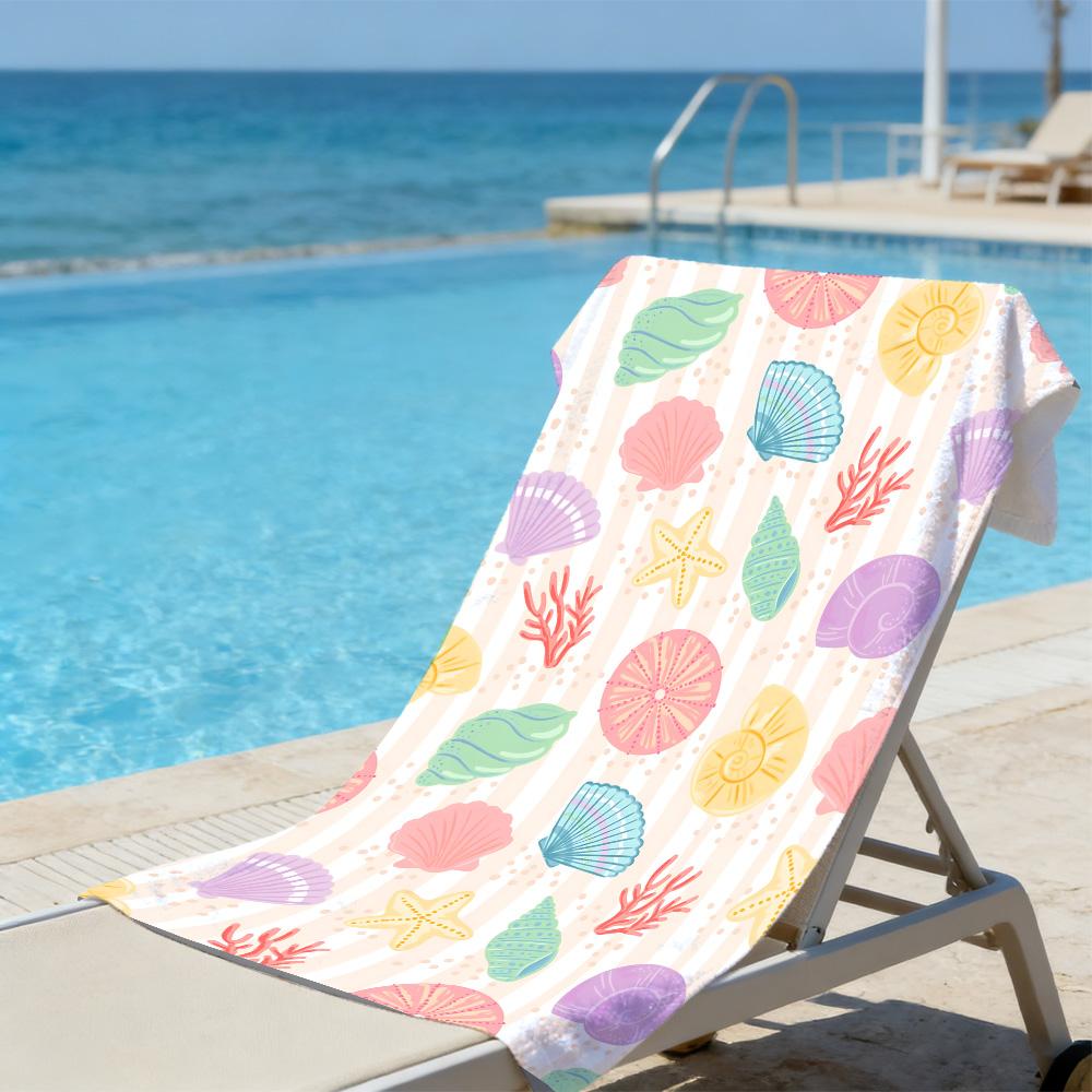 Cute Coastal Beach Towel – Soft Absorbent Microfiber with Pastel Shell & Coral Print for Summer
