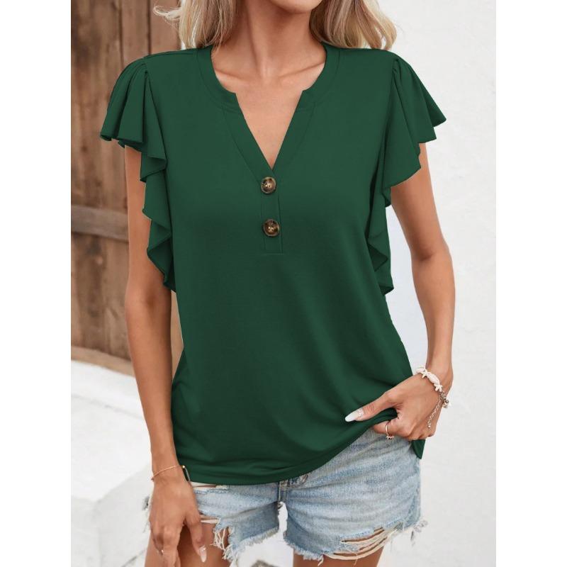 Women's V Neck Lotus Sleeves Elegant Women's Short Sleeve Top T-shirt