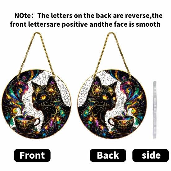 Stylish Cat Hanging Sign Moon Halloween Window Decor, Mystical Black Round Modern Room Decor for Indoor Outdoor Wall Art, Gothic Home Porch