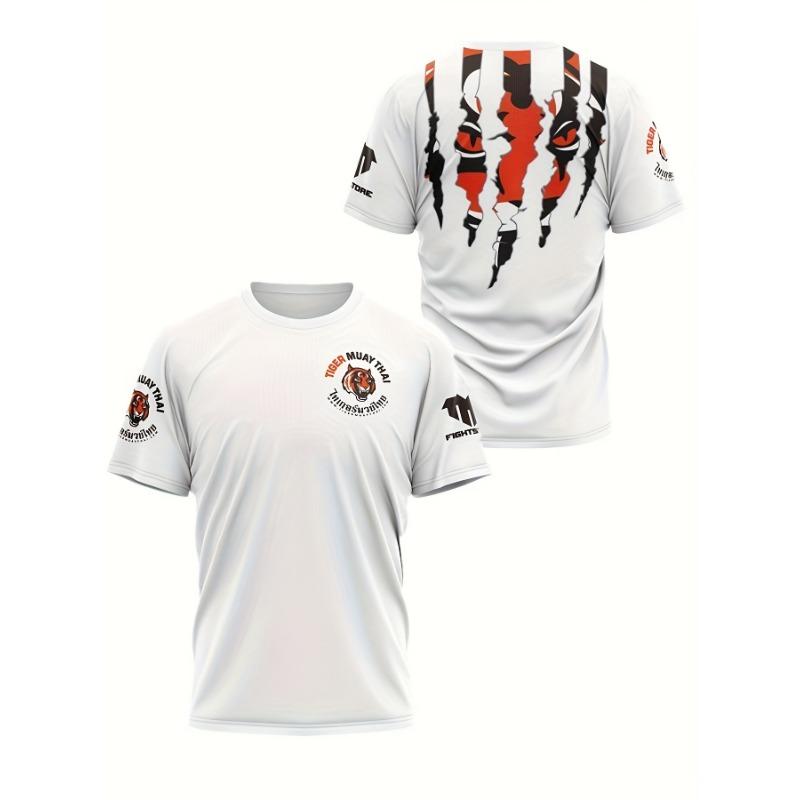 Men's sports T-shirt with round neck, short sleeves and stylish tiger face design, suitable for gym, MMA, running and outdoor activities