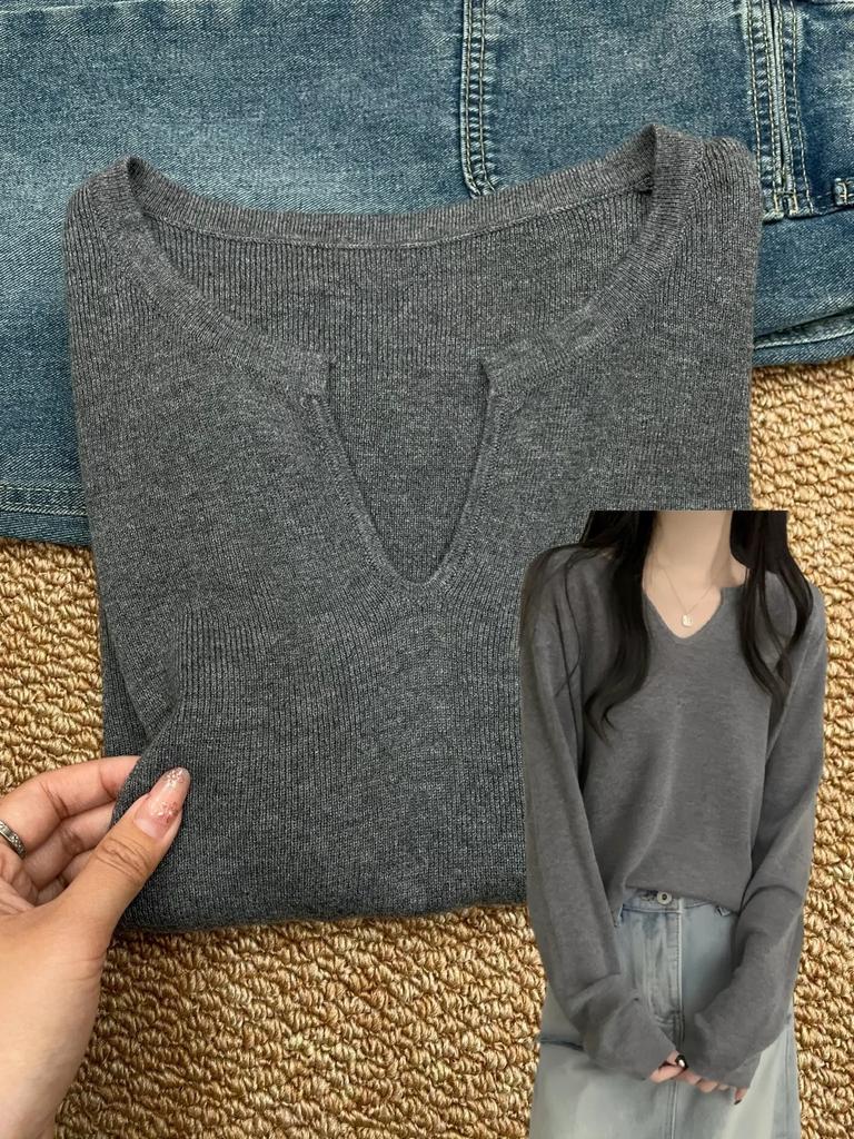 Niche versatile loose collar with long-sleeved knitted sweater women's spring temperament soft waxy and thin bottoming top