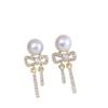 Natural freshwater pearl earrings with zircon inlay for women, dynamic bow and tassel pearl earrings accessories