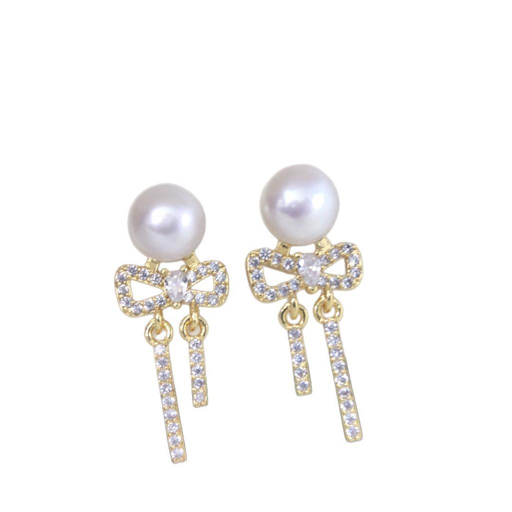 Natural freshwater pearl earrings with zircon inlay for women, dynamic bow and tassel pearl earrings accessories