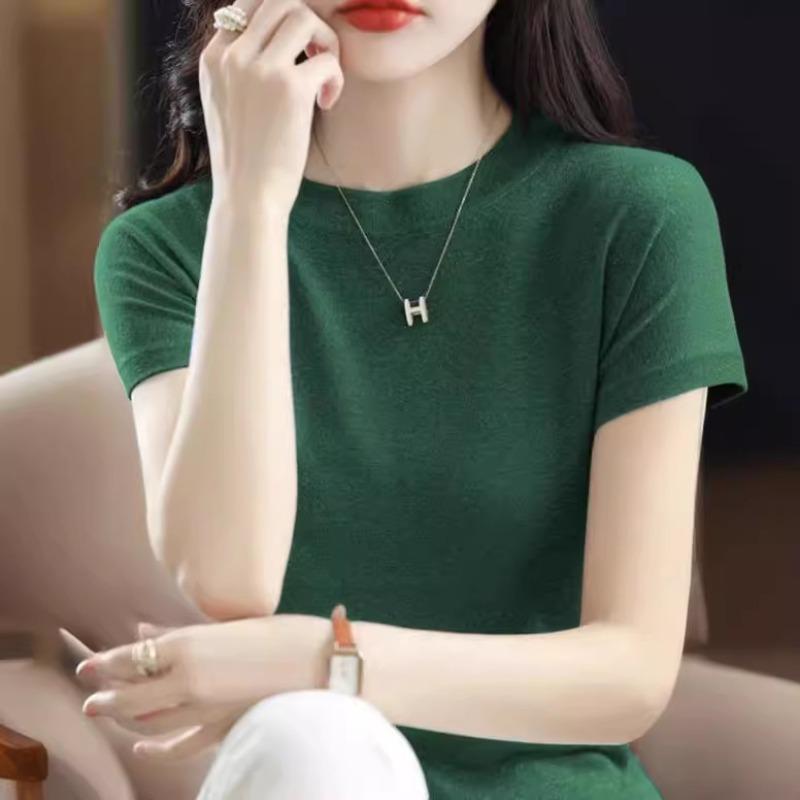 Women's Knitted Short Sleeved T-shirt Loose Ice Silk T-shirt Bright Silk Breathable Shirt