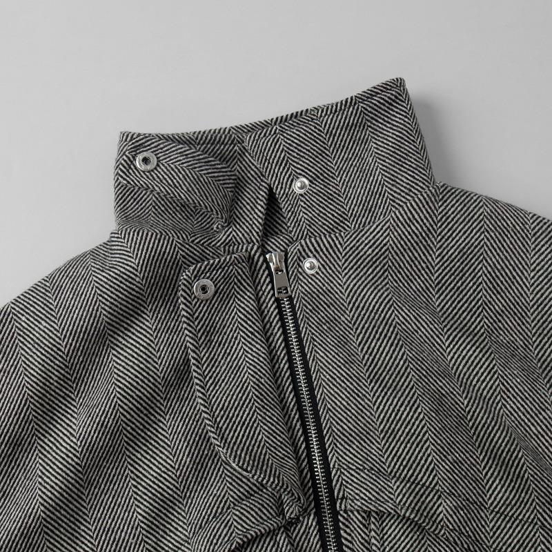 Women Loose Stand Collar Zipper Pocket Herringbone Long Sleeve Jacket Coat