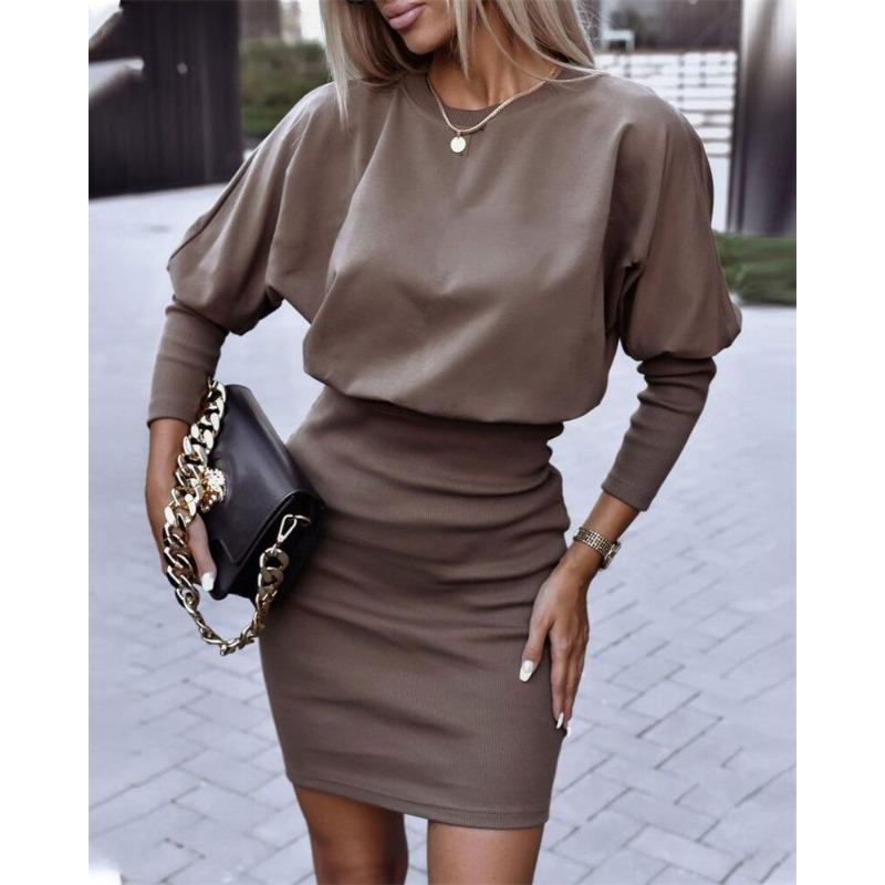 

Autumn new women s printed waist round neck long-sleeved dress women XXL