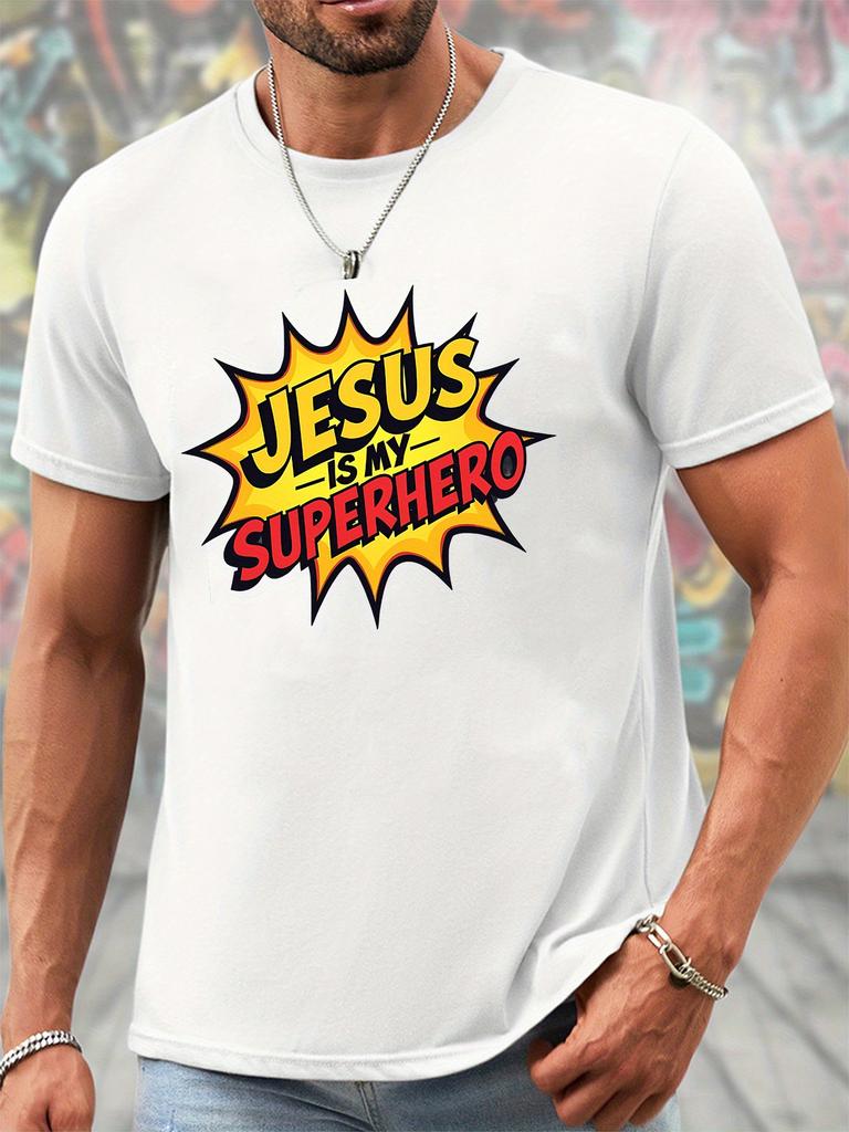 Unisex O Neck Tee Jesus Is My Superhero Comic Text Print Cotton Short Sleeve Loose Summer Breathable Daily Casual Basic Wear Top