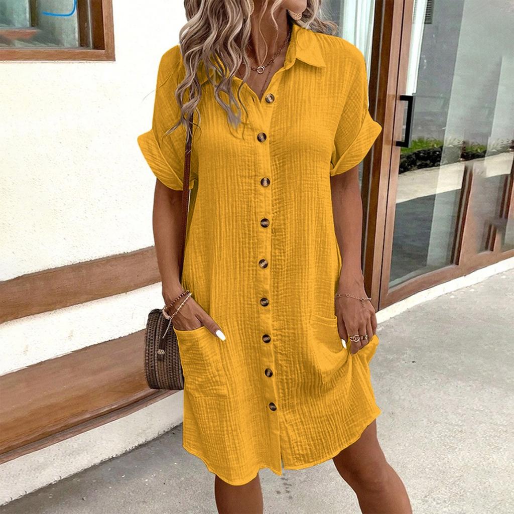 Fashion Women's Summer Casual Short Sleeve V-Neck Button Dress