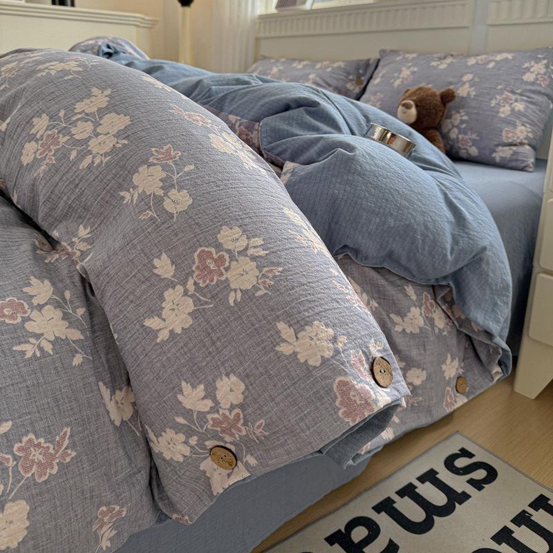 Retro Floral Linen Bedding Set: Autumn & Winter 4-Piece with Button Duvet Cover & Sheet