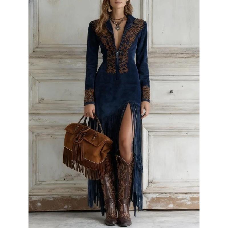 Abito da Donna alla Moda Suede Monocolore Stile Western con Frange Vestibilità Aderente Manica Lunga