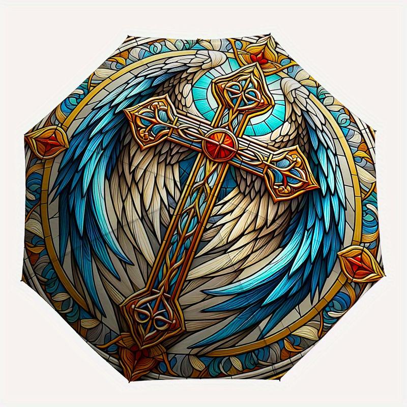 Stained Angel Wings Cross Art PrintUmbrella, Portable 3-Fold Compact Umbrella for Men & Women Gift