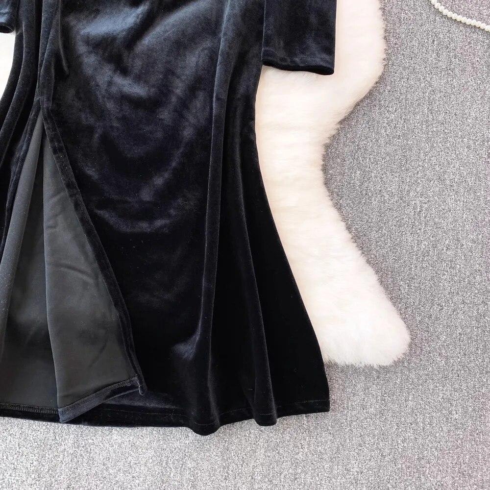 Autumn Winter Luxury Pearls Necklace Velvet Mermaid Dress Women's Stand Long Sleeve Sparkling Sequins Split Wedding Party Robe