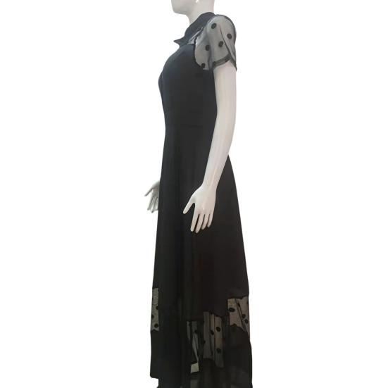 Women Summer Dress Mesh Dot Pattern V Neck Chiffon Slim Large Hem