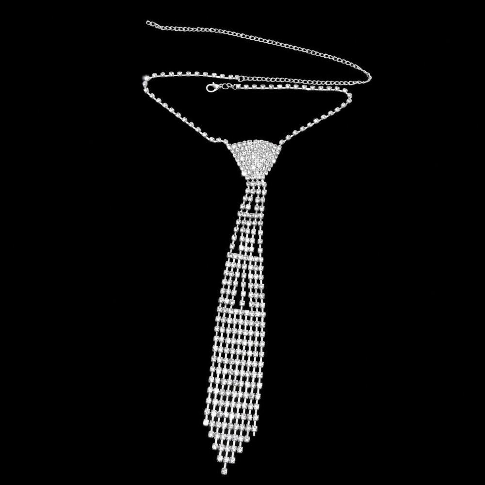 Silver Punk Neck Tie Adjustable Length Knot Free Necktie Crystal Necktie  Stage Costume Design