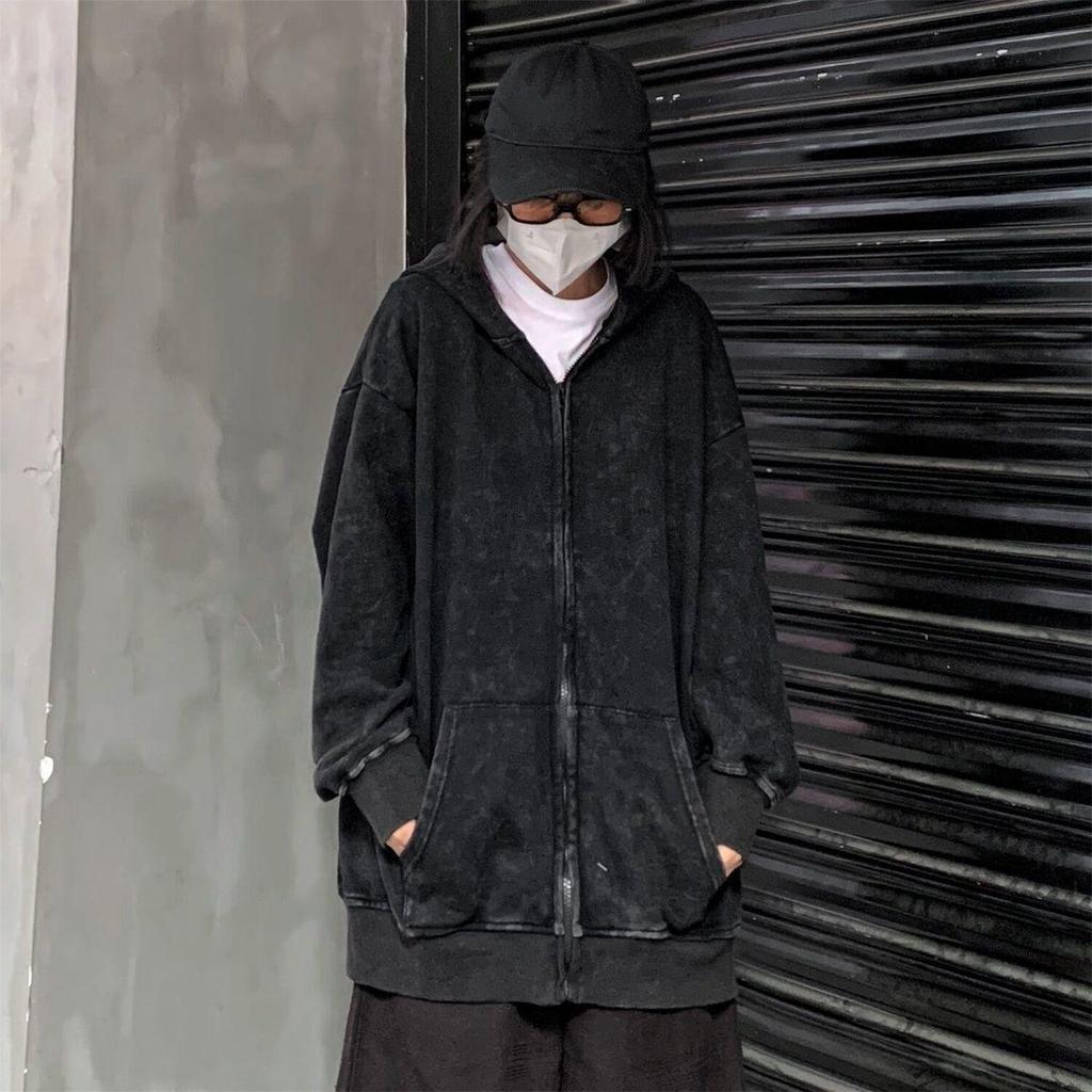 Gewaschene Distressed Hoodies Streetwear Damen Grunge Gothic Oversize Langarm Zip Up Hoodie Vintage Paar Cardigan