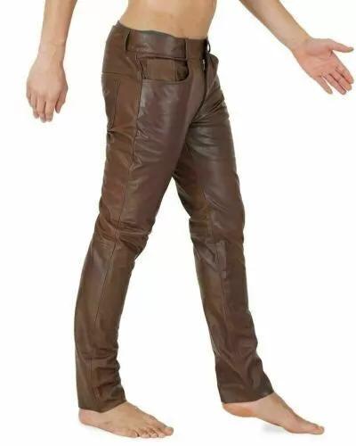 Casual Party Wear Biker Pant New Genuine Sheepskin Soft Real Men's Brown Handmade Leather