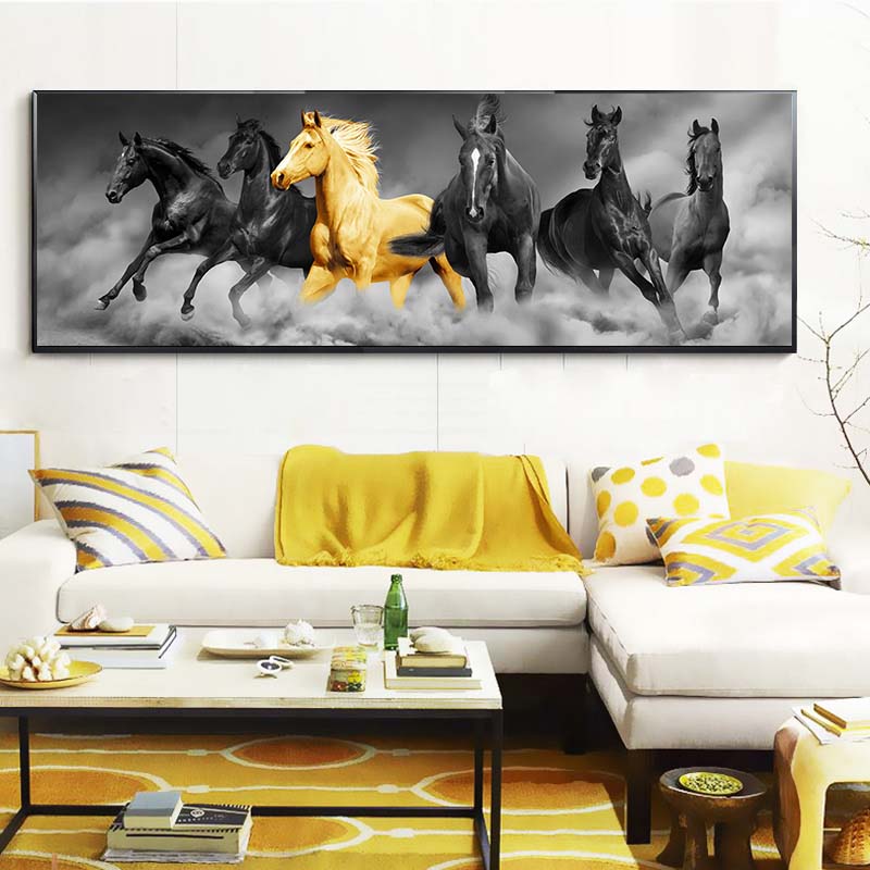 Modern Six Running Black and Gold Horse Animal Canvas Painting Posters and Prints Wall Picture for Living Room Decor No Frame