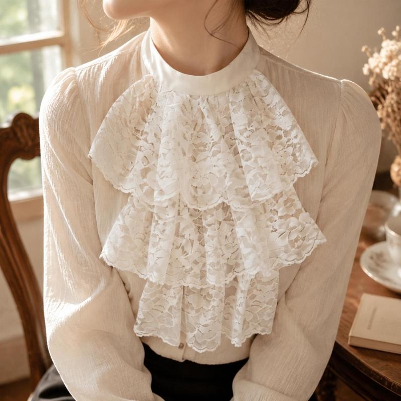 White Lace False Collar and Cuffs Sleeves for Women Girl, High Neck Ruffle Collar Decorative Accessory for Costume Styling, Stage Show Layering