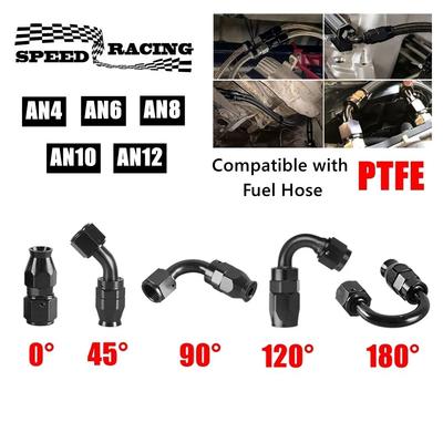 AN4/6/8/10/12 Straight 0°/45°/90°/120°/180° Degree PTFE Oil Fuel Swivel Hose End Fitting Oil Hose End Adaptor Kit Black