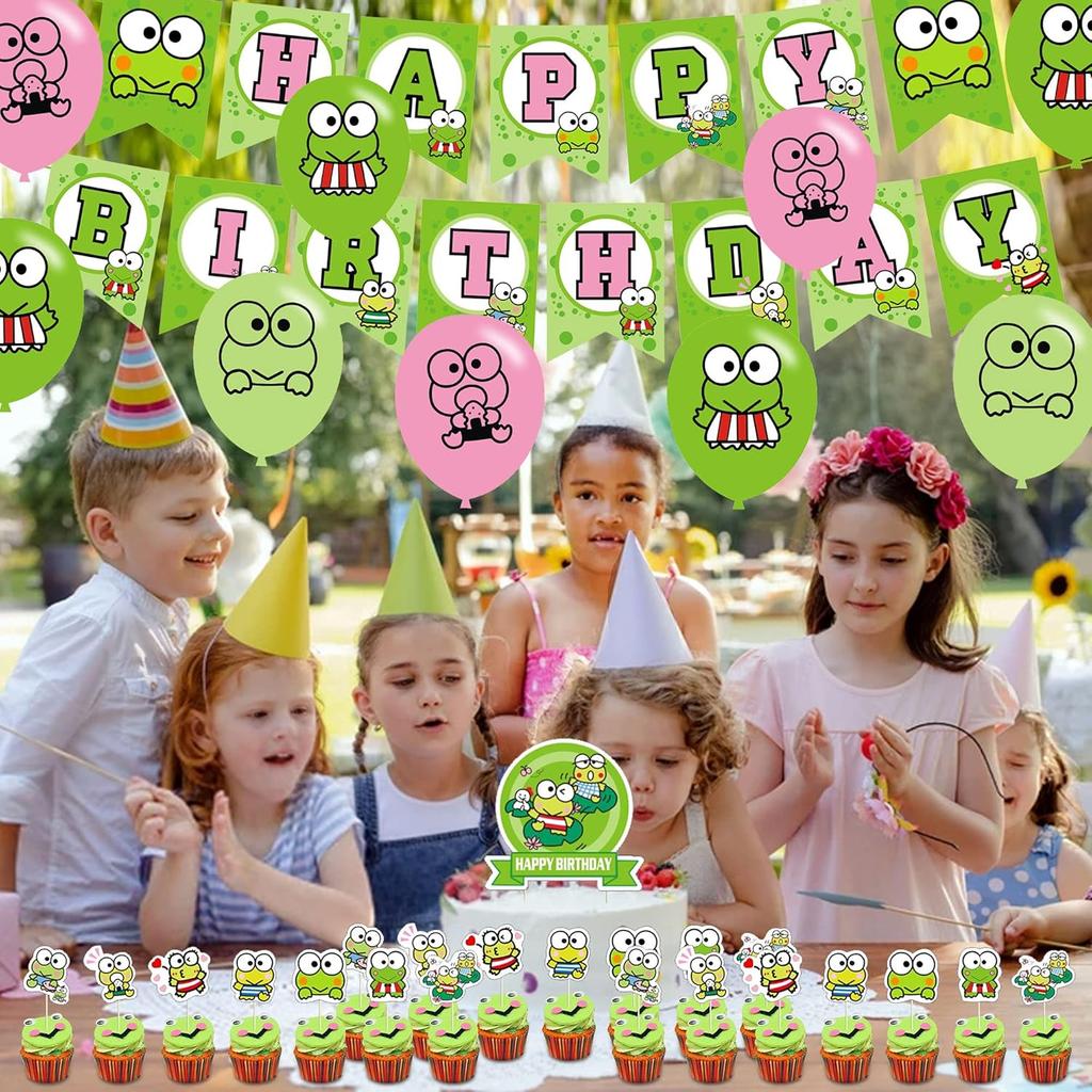 The Frog of Keroppi Birthday Party Decorations, Cartoon Big-Eyed Frog Theme Birthday Supplies set with Happy Birthday Banner,Cake Toppers,Balloons