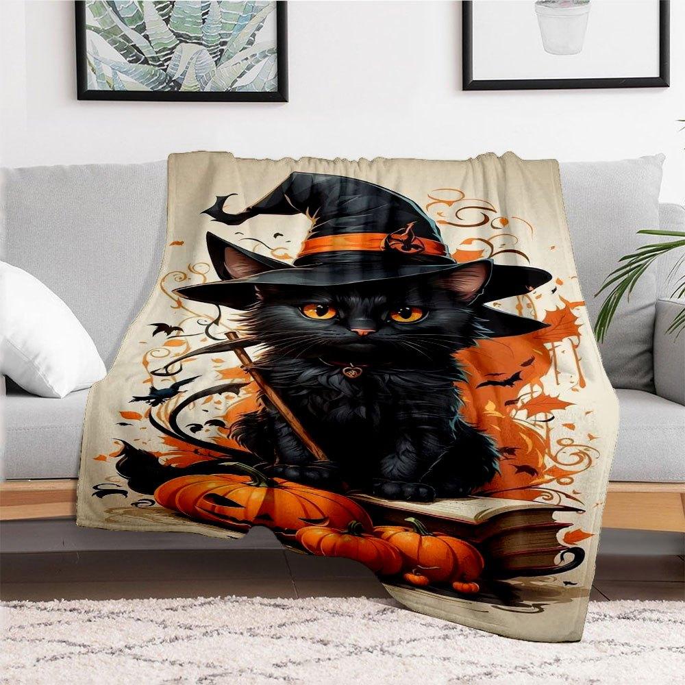 "Halloween Witch Cat Decorations - Spooky Black Cat with Hat"Blanket Flannel Throw Blanket for Sofa, Bed, Travel, Camping, Office