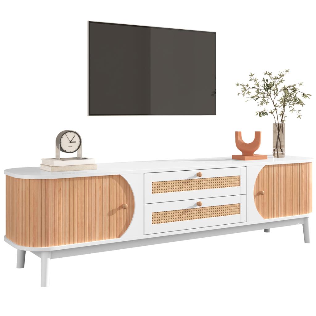 TV Cabinet - Natural Wood Blend TV Cabinet with Doors and Drawers. TV Stand with Rattan Sides. Storage Solution, Natural Country Style.
