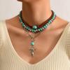 Jewelry Retro Imitation Turquoise Collarbone Chain Niche Ethnic Wind Leaf Love Cow Head Inlaid with Turquoise Multi-layer