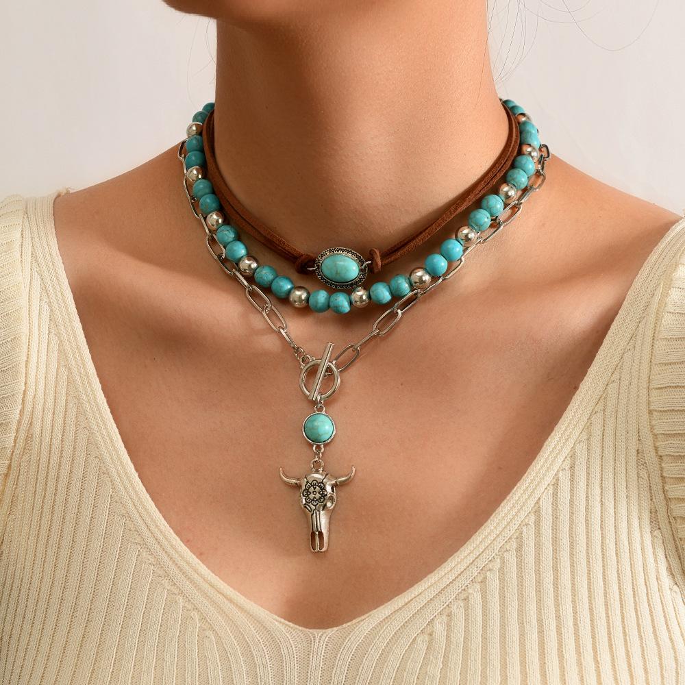 Jewelry Retro Imitation Turquoise Collarbone Chain Niche Ethnic Wind Leaf Love Cow Head Inlaid with Turquoise Multi-layer