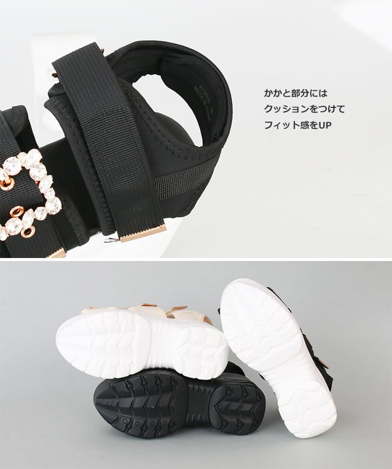 Jewel Buckle Velcro 9cm Thick Sole Sneaker Sole Sports Sandals Back Strap Easy to Walk High Tech Dad Neat Simple Korean Black White M [Room Nine]