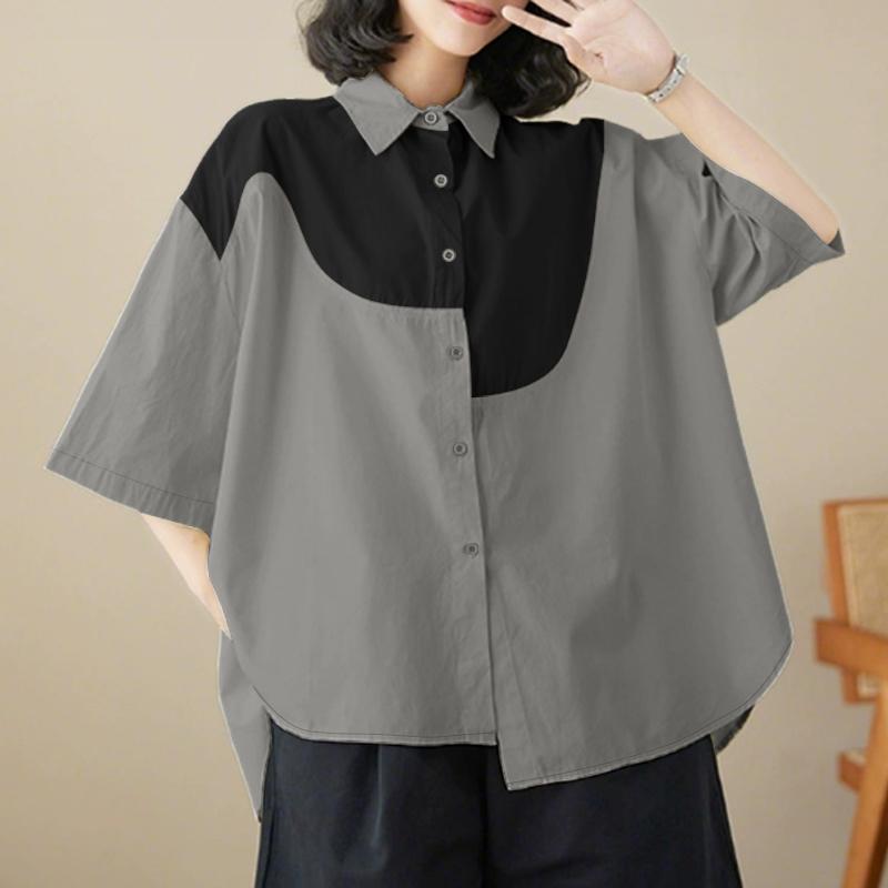 ZANZEA Women Casual Turn Down Collar Loose Patchwork Half Sleeve Blouse