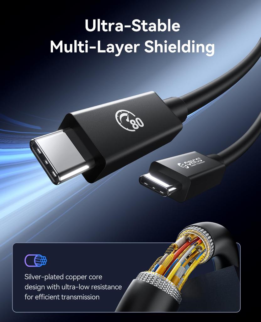 ORICO 80Gbps Bidirectional 120Gbps Unidirectional Dual Video 240W Fast 2M Thunderbolt USB4 Device Compatible USB-C Cable, 8K@60Hz Support, Charging,