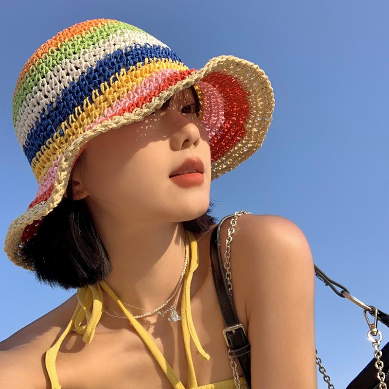 Summer Bohemian outing striped straw hat children sunshade sunscreen dome hollow beach fisherman sun hat