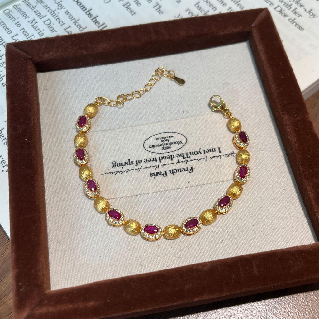 Handmade Brushed Egg Surface Full Diamond Bracelet Women'S Design Sense Light Luxury Red Corundum Oval Bracelet Bracelet Jewelry