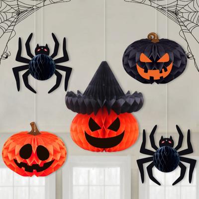 Party Atmosphere Supplies Halloween Honeycomb Ornament, Pumpkin Spider Hanging Paper Festival Ornament Decoration for Home Office Classroom