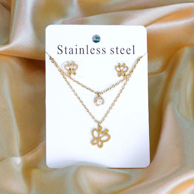 Double Chains Necklace And Earrings Zircon Sets Female Wedding Party Cubic Zirconia 316L Stainless Steel Pendant Zircon Gifts