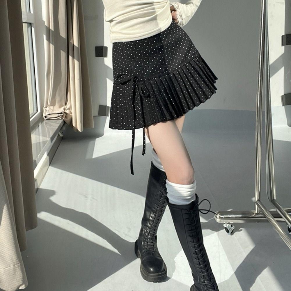 Sweet Dot Mini Skirt Bowknot A-line Short Skirts Sweet Pleated Skirts for Women Ladies